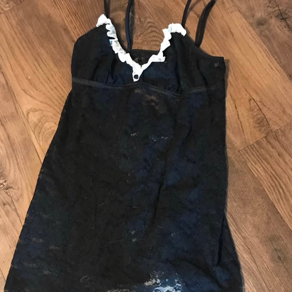 In Bloom NEGLIGE pretty Black Lace NEGLIGE lingerie Slip Dress White Ruffle Trim